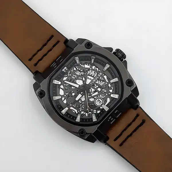 Tubular Skeleton Watch | Brown Belt Black Body